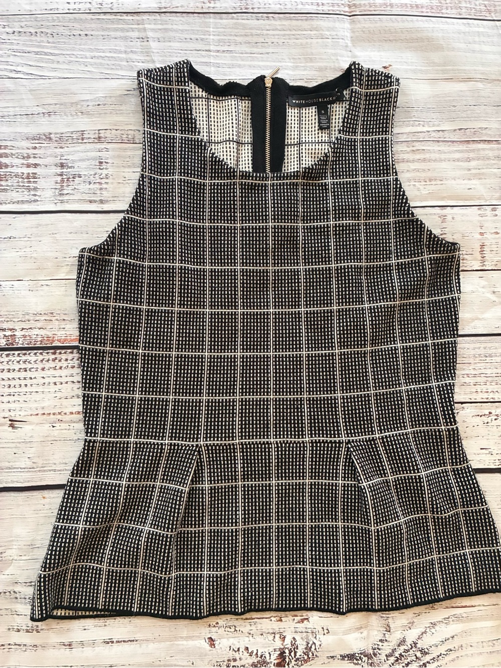White House Black Market Black and White Grid Peplum Tank Top